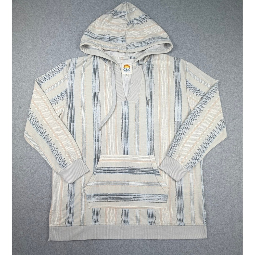 C&C California Women XL Striped Baja Hoodie Pullover Blue Tan Cream French Terry